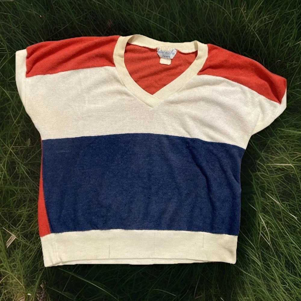 Vintage Sears Terry Cloth V Neck Preppy Grandpa 70s Retro Velour